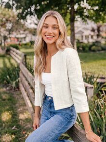 Coeurva 女士休闲时尚复古风格白色纯色前开短款七分袖夹克工作女士夹克教师服装教师夹克秋季女装商务女装 - 白色 - 查看 6
