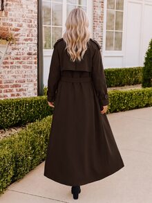 Coeurva 棕色休闲长款女士纯色腰带长袖风衣 - 巧克力棕 - 查看 2