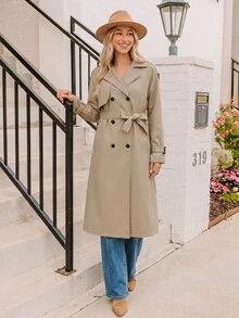 Coeurva Women Trench Coats Berikat Tombol Ganda Plain Casual - Khaki - View 4