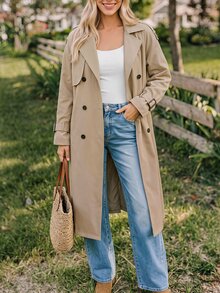 Coeurva Women Trench Coats Berikat Tombol Ganda Plain Casual - Khaki - View 3