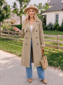Coeurva Women Trench Coats Berikat Tombol Ganda Plain Casual - Khaki - View 6
