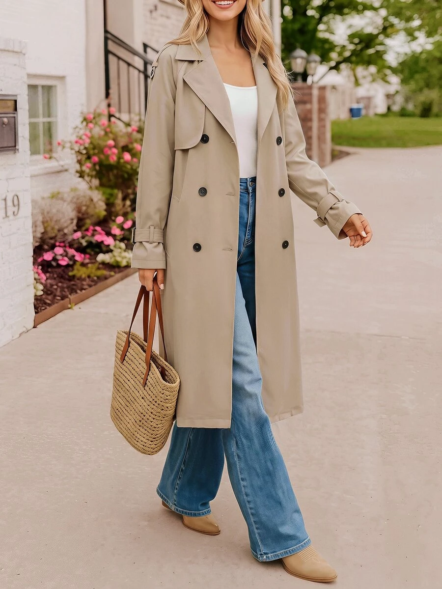 Coeurva Women Trench Coats Berikat Tombol Ganda Plain Casual - Khaki - View 1