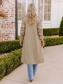 Coeurva Women Trench Coats Berikat Tombol Ganda Plain Casual - Khaki - View 2