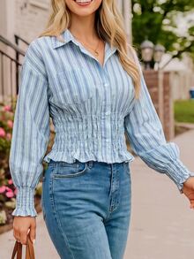 Coeurva 休闲条纹收腰衬衫，适合秋季通勤 - 彩色 - 查看 4