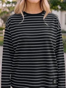 Coeurva Summer Long Sleeve Striped Print Drop Shoulder Tee Casual - Black - View 4