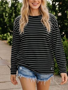 Coeurva Summer Long Sleeve Striped Print Drop Shoulder Tee Casual - Black - View 2