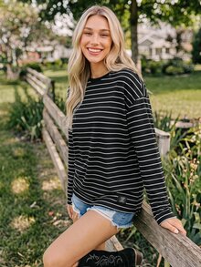 Coeurva Summer Long Sleeve Striped Print Drop Shoulder Tee Casual - Black - View 5