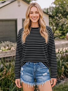 Coeurva Summer Long Sleeve Striped Print Drop Shoulder Tee Casual - Black - View 7