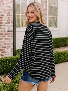 Coeurva Summer Long Sleeve Striped Print Drop Shoulder Tee Casual - Black - View 3