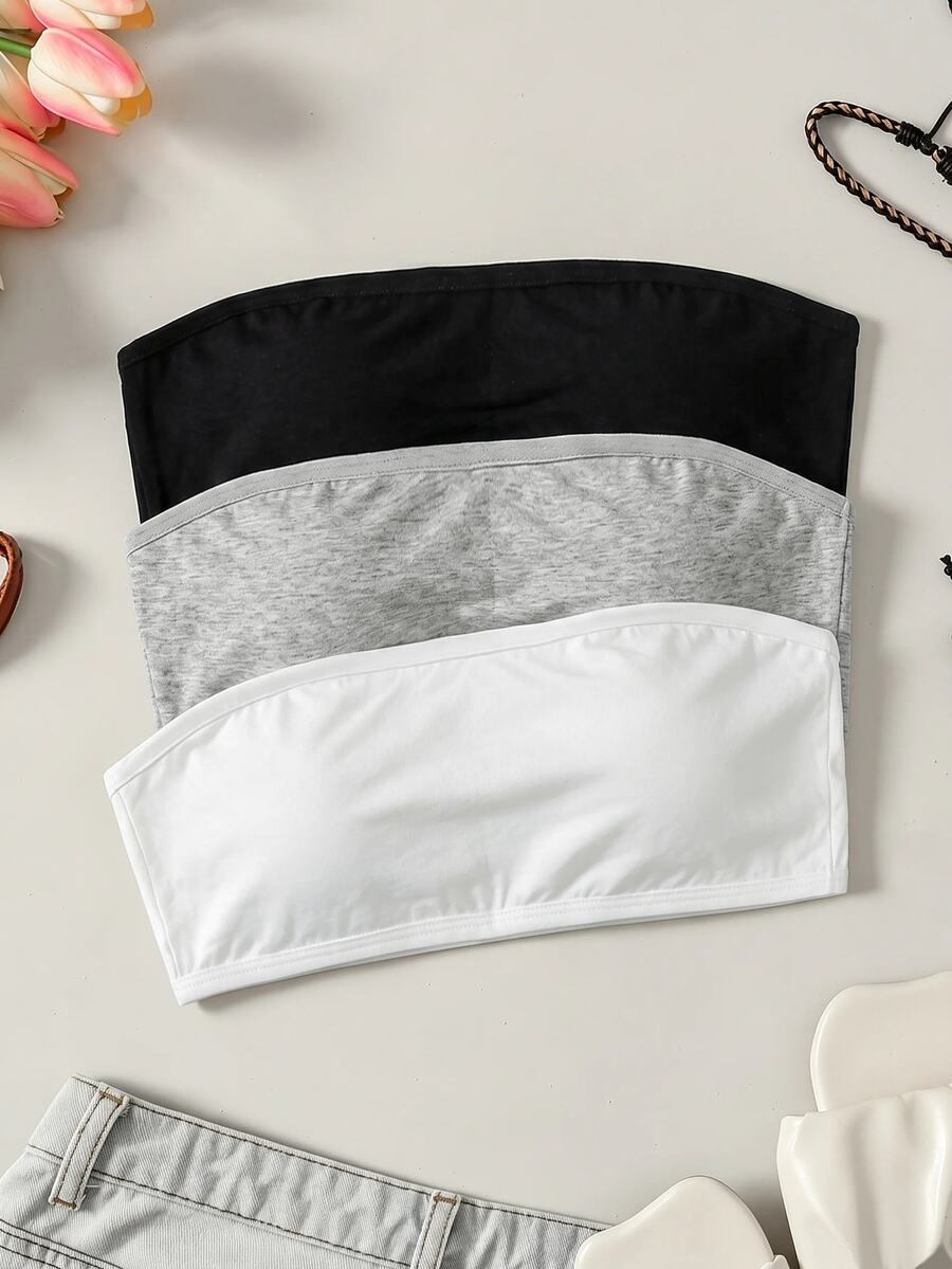 SHEIN Tween女孩簡約舒適親膚加厚無肩帶胸墊內衣3件組 白色四季款 - 彩色 - 查看 1