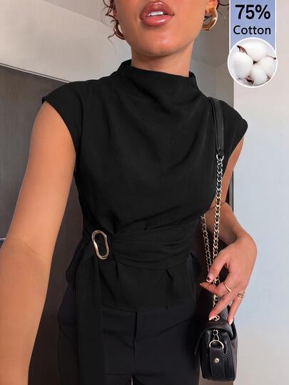 Aloruh Kemeja Hitam Lengan Pendek Elegan untuk Perjalanan Bisnis, Minimalis, Gaya Klasik, Blus Kantor yang Anggun