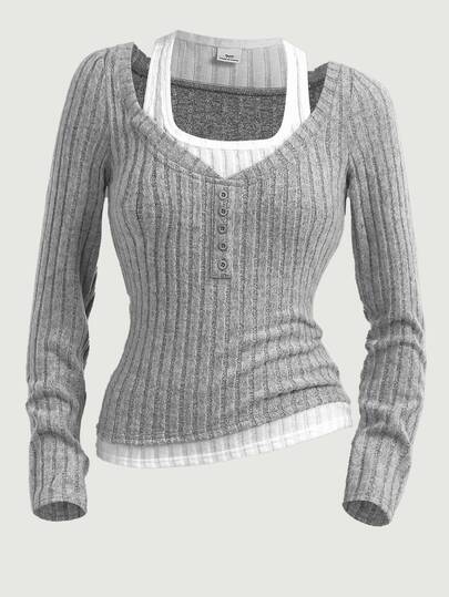 SHEIN Girlism Teen Girls' Colorblock Patchwork 2-In-1 Design T-Shirt, Fitted Silhouette, Casual Style Grey Long Sleeve Layered Shirt, Winter, Y2K, Streetwear