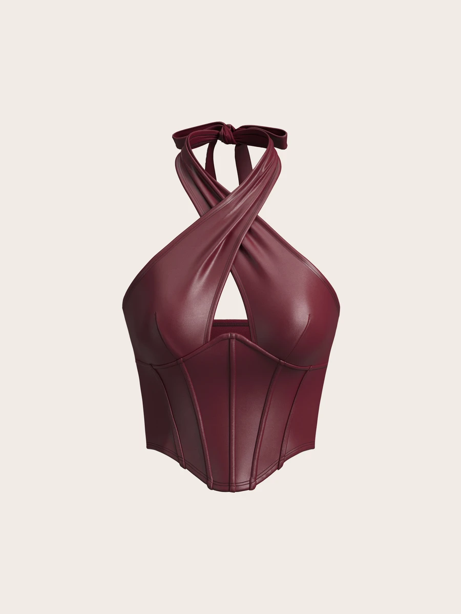 SHEIN ICON Y2k 外出夏季性感音乐会勃艮第色 PU 皮革挂脖女式性感纯色露背挂脖背心,夏季 - 酒紅色 - 查看 1