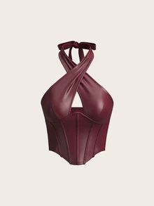SHEIN ICON Y2k 外出夏季性感音乐会勃艮第色 PU 皮革挂脖女式性感纯色露背挂脖背心，夏季 - 酒紅色 - 查看 4