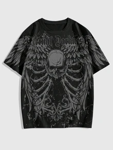 ROMWE MEN Goth Men's Printed Loose Fit Short Sleeve T-Shirt - Black - View 2