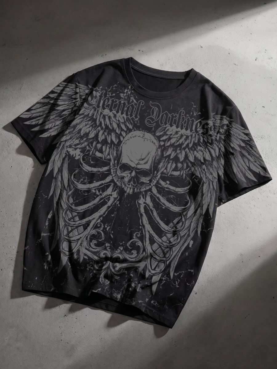 ROMWE MEN Goth Men's Printed Loose Fit Short Sleeve T-Shirt - Black - View 1