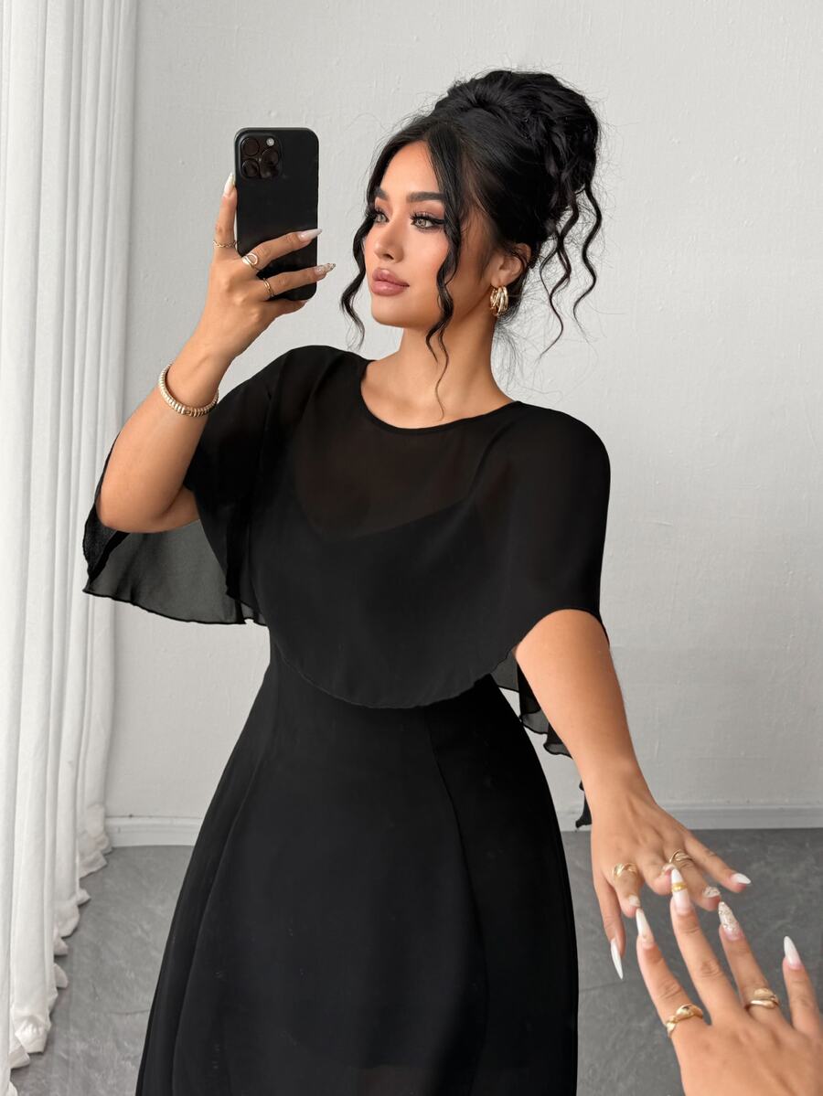 Elenzga Plus Size Women's Summer 2 In 1 Round Neck Short Sleeve Elegant Chiffon Casual Party Wedding Dress - Black - View 1