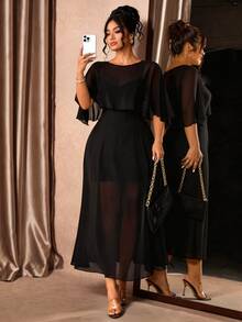 Elenzga Plus Size Women's Summer 2 In 1 Round Neck Short Sleeve Elegant Chiffon Casual Party Wedding Dress - Black - View 8