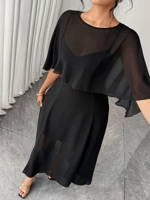 Elenzga Plus Size Women's Summer 2 In 1 Round Neck Short Sleeve Elegant Chiffon Casual Party Wedding Dress - Black - View 5