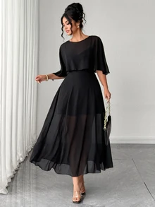 Elenzga Plus Size Women's Summer 2 In 1 Round Neck Short Sleeve Elegant Chiffon Casual Party Wedding Dress - Black - View 4