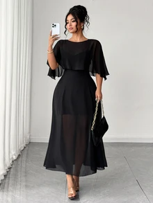 Elenzga Plus Size Women's Summer 2 In 1 Round Neck Short Sleeve Elegant Chiffon Casual Party Wedding Dress - Black - View 7