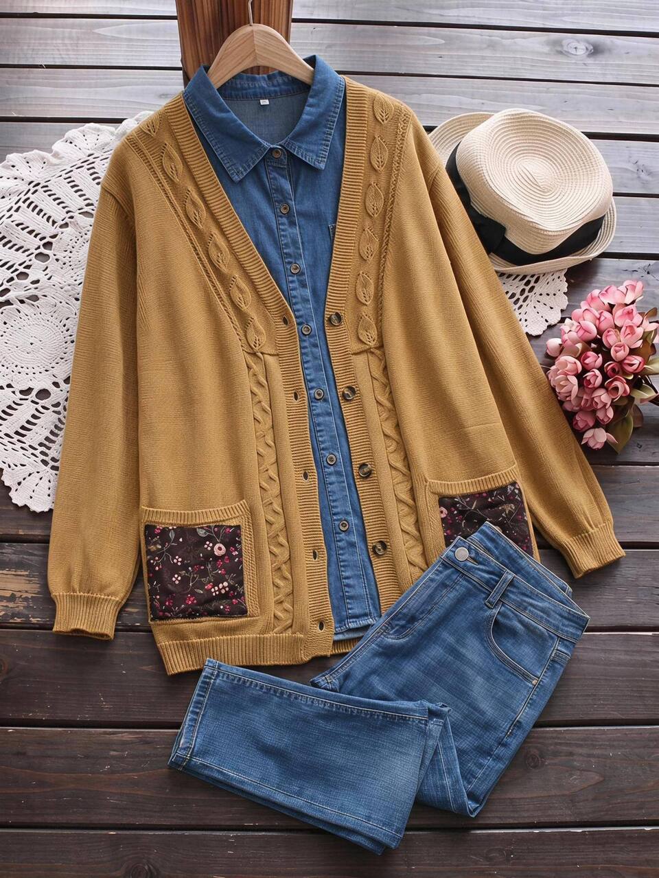 Women's Autumn/Winter Thick Cable Knit Cardigan Sweater With Pockets And Buttons, Loose Casual Open Front Top