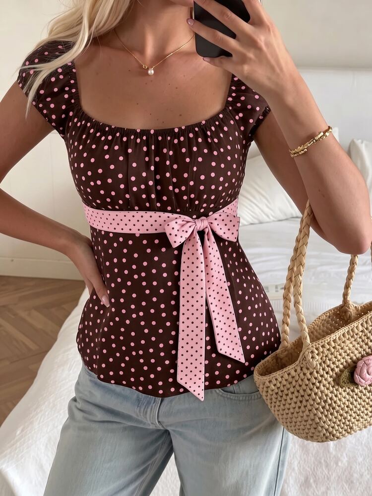 CovetEZ Women's Polka Dot Casual Bowknot Tie-Up Ruched T-Shirt Sweet - Brown - View 6