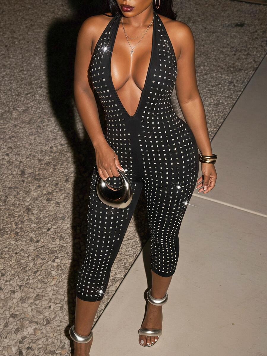 SHEIN SXY Plus Size Women's Rhinestone Halter Neck Sexy Casual Jumpsuit