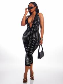 SHEIN SXY Plus Size Women's Rhinestone Halter Neck Sexy Casual Jumpsuit - Black - View 9