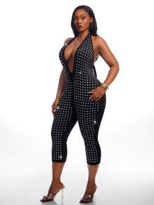 SHEIN SXY Plus Size Women's Rhinestone Halter Neck Sexy Casual Jumpsuit - Black - View 8