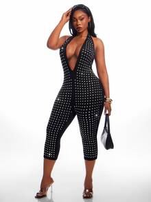 SHEIN SXY Plus Size Women's Rhinestone Halter Neck Sexy Casual Jumpsuit - Black - View 5