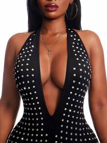 SHEIN SXY Plus Size Women's Rhinestone Halter Neck Sexy Casual Jumpsuit - Black - View 12