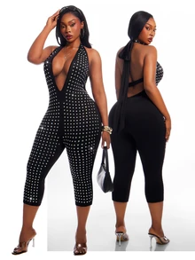 SHEIN SXY Plus Size Women's Rhinestone Halter Neck Sexy Casual Jumpsuit - Black - View 11