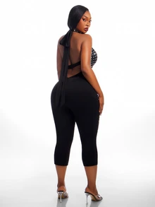 SHEIN SXY Plus Size Women's Rhinestone Halter Neck Sexy Casual Jumpsuit - Black - View 3
