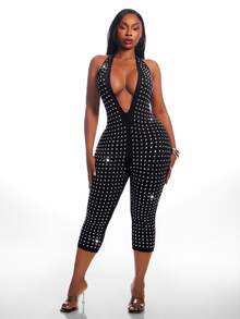 SHEIN SXY Plus Size Women's Rhinestone Halter Neck Sexy Casual Jumpsuit - Black - View 7