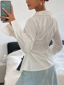 DAZY 女款純色收腰長袖休閒老錢風優雅春夏秋襯衫上衣 - 白色 - 查看 2