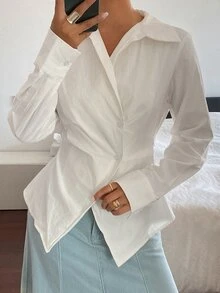 DAZY 女款純色收腰長袖休閒老錢風優雅春夏秋襯衫上衣 - 白色 - 查看 3
