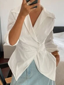 DAZY 女款純色收腰長袖休閒老錢風優雅春夏秋襯衫上衣 - 白色 - 查看 6