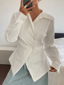 DAZY 女款純色收腰長袖休閒老錢風優雅春夏秋襯衫上衣 - 白色 - 查看 7