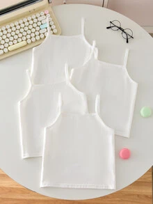 SHEIN 3件組女嬰幼兒時尚迷人蕾絲飾邊純白色細肩帶背心，輕量針織內搭背心，柔軟面料舒適親膚，適合夏季基礎層，日常必需嬰兒女裝，細肩帶款式，給活潑幼兒溫柔舒適的穿著感 - 白色 - 查看 2