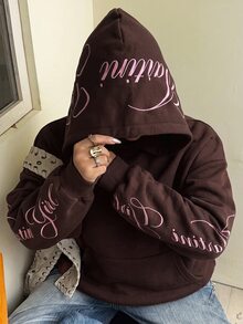 Muchica 大尺碼時尚街頭刺繡口袋運動衫 秋季 - 巧克力棕 - 查看 4