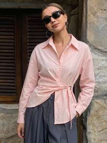 DAZY Solid Color Fitted Waist Long Sleeve Casual Old Money Elegant Summer Blouse For Women School - Pink - View 5