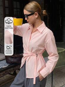 DAZY Solid Color Fitted Waist Long Sleeve Casual Old Money Elegant Summer Blouse For Women School - Pink - View 1