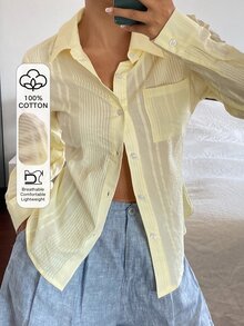 DAZY 女款素色收腰長袖休閒端莊老錢風優雅秋季襯衫，適合學校與度假，淡黃色 - 白色 - 查看 1