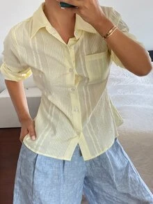 DAZY 女款素色收腰長袖休閒端莊老錢風優雅秋季襯衫，適合學校與度假，淡黃色 - 白色 - 查看 4