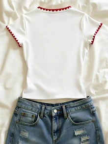 IslaSuriya Women's T-Shirt Rejuvenating Short Sleeve, Shell Embroidery Red Trim Heart & Ladybug Print Fitted Cropped Versatile T-Shirt - Multicolor - View 2