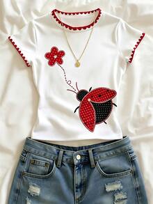 IslaSuriya Women's T-Shirt Rejuvenating Short Sleeve, Shell Embroidery Red Trim Heart & Ladybug Print Fitted Cropped Versatile T-Shirt - Multicolor - View 3