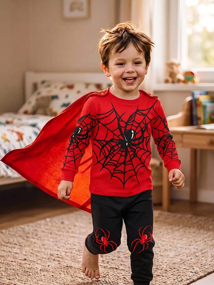 Young Boy Casual Minimalist Snug Fit Comfortable Crew Neck Long Sleeve Long Pants Loungewear Suitable For Autumn/Winter, Classic Cool Spider Web Spider Pattern Print - Multicolor - View 1