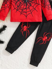 Young Boy Casual Minimalist Snug Fit Comfortable Crew Neck Long Sleeve Long Pants Loungewear Suitable For Autumn/Winter, Classic Cool Spider Web Spider Pattern Print - Multicolor - View 4