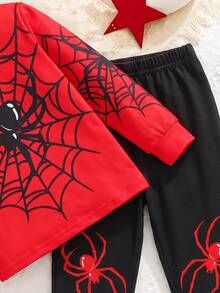 Young Boy Casual Minimalist Snug Fit Comfortable Crew Neck Long Sleeve Long Pants Loungewear Suitable For Autumn/Winter, Classic Cool Spider Web Spider Pattern Print - Multicolor - View 5